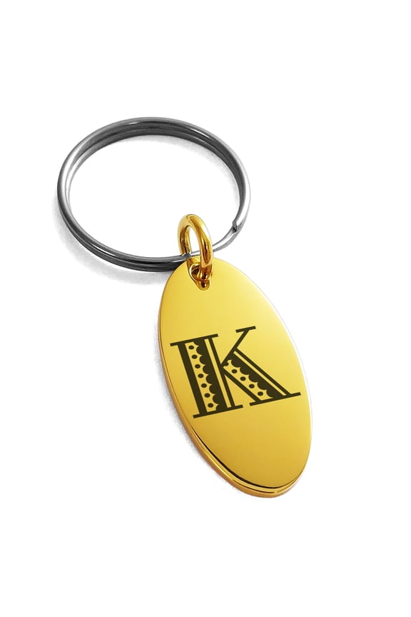 Stainless Steel Letter K Initial Metro Retro Monogram Engraved Small Oval Charm Keychain Keyring
