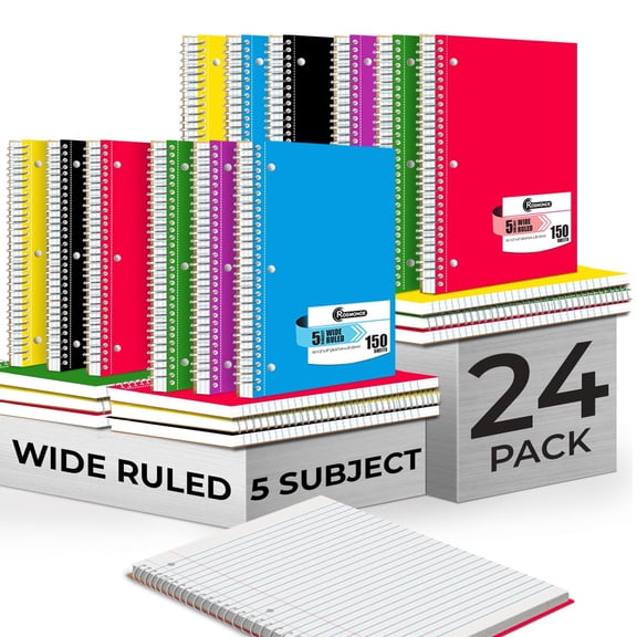 Rosmonde 24 Pack Spiral Notebook, 5 Subject, 300 Pages/Book (150 Sheets), Wide Ruled, 8 x 10-1/2, Office Spiral Notebooks, Bulk Subject Notebooks for Students & School, Soft Cover, Assorted Colors