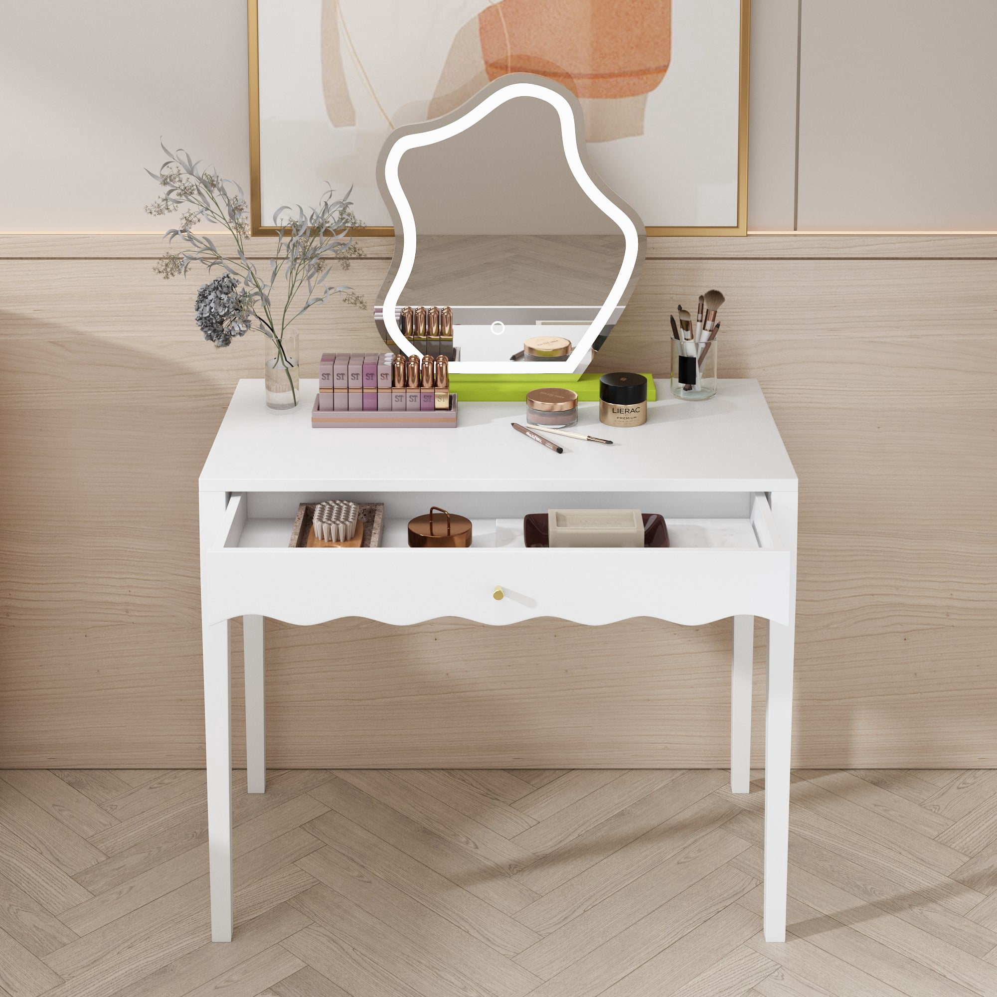 35.43" Vanity Desk with Drawer, Modern Makeup Table with Scalloped Front & Gold Knob, Compact Writing Desk with 4 Sturdy Legs for Bedroom, Small Home Office & Apartment Spaces