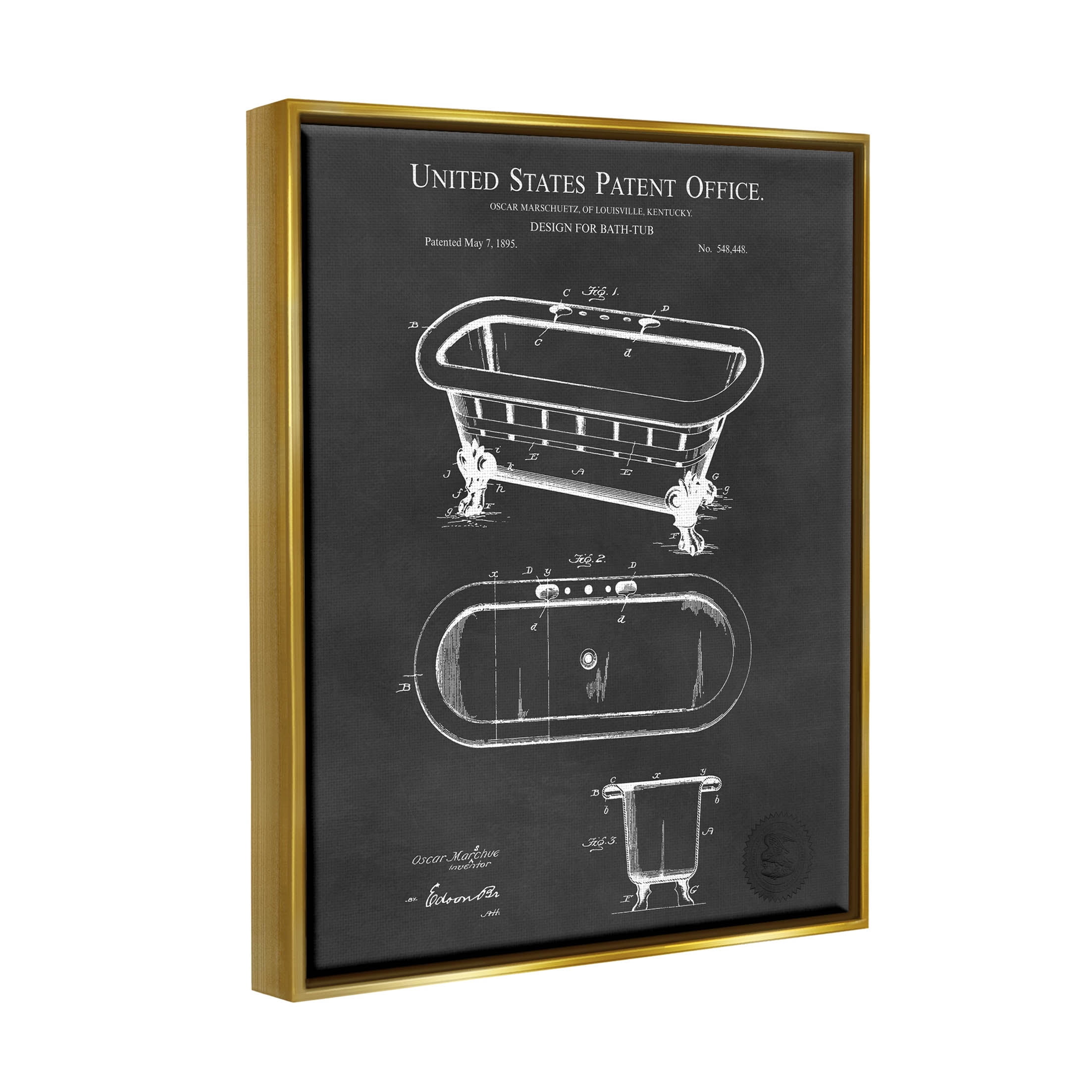 Stupell Industries Bathroom Tub Patent Diagram Graphic Art Metallic Gold Floating Framed Canvas Print Wall Art, Design by Karl Hronek