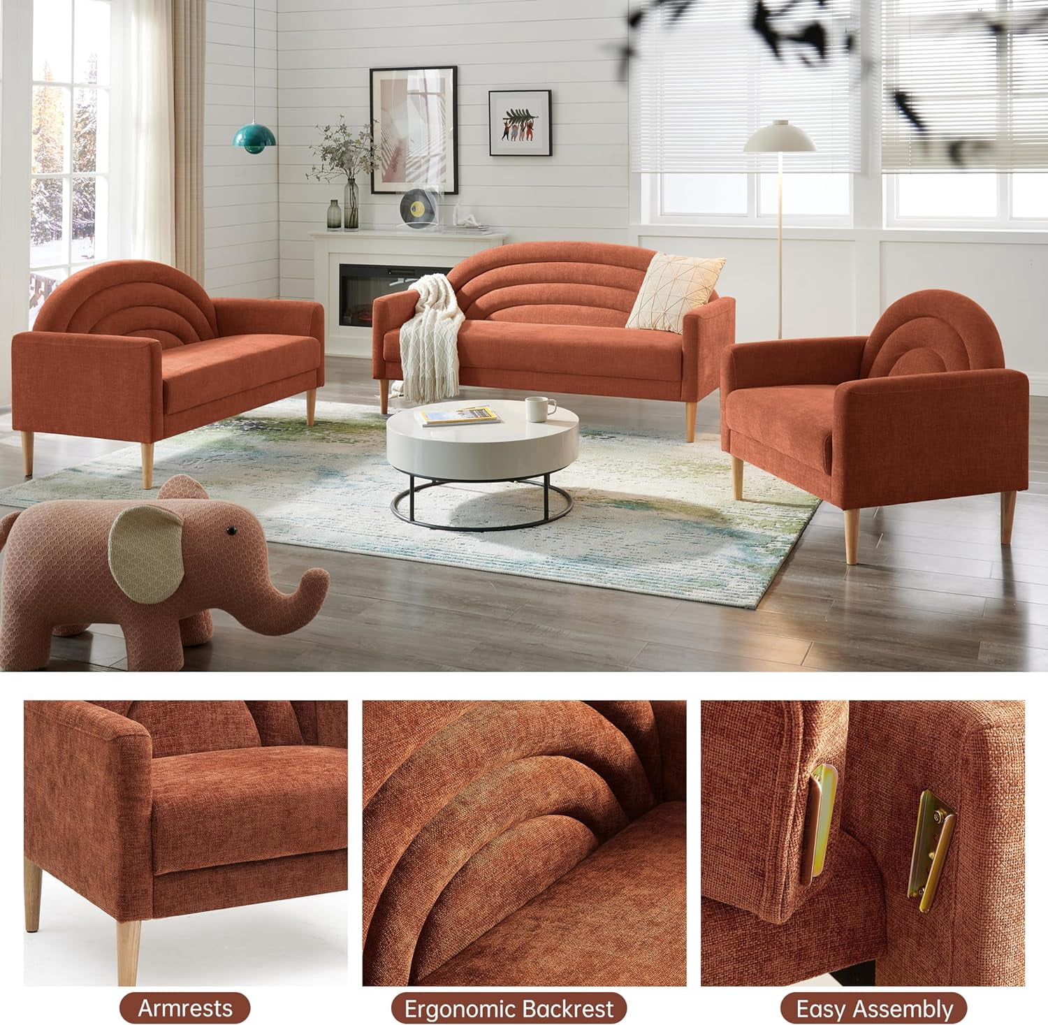 Zanmintaobo 63.8" Mid-Century Modern Loveseat,Tufted Rainbow Back Linen Upholstered Small Couch for Living Room & Apartment,700 LBS Capacity,Ocher