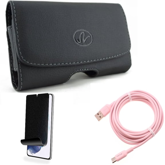 For Samsung Galaxy S21 (6.2") - Charger Cord Pink 10ft Long USB-C Cable   [Fingerprint Works] TPU Film Privacy Screen Protector   Swivel Leather Case Belt Clip