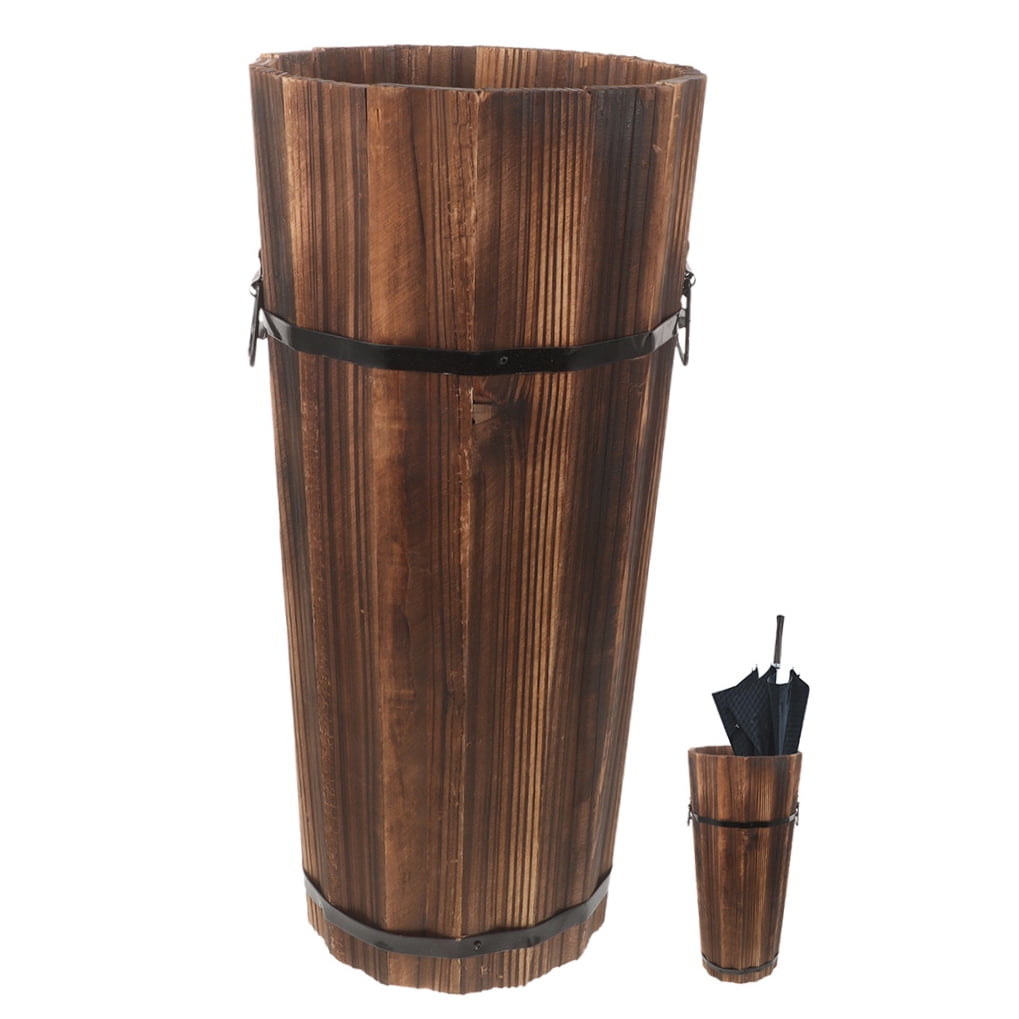 BESTONZON Wooden Umbrella Stand Brown with Cane and Fan Holder for Home Entryway