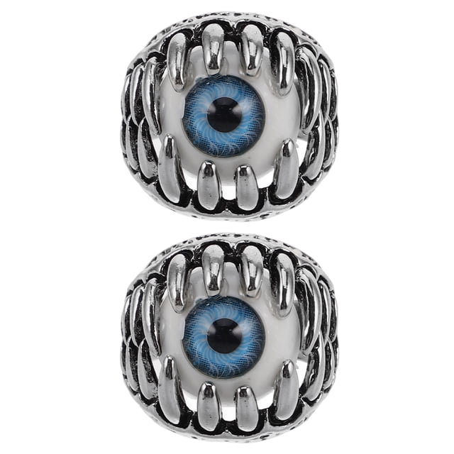 2 anillos de calavera de demonio malvado con garra de dragón para hombre, estilo gótico, estilo motero, con ojos únicos para Halloween (azul)