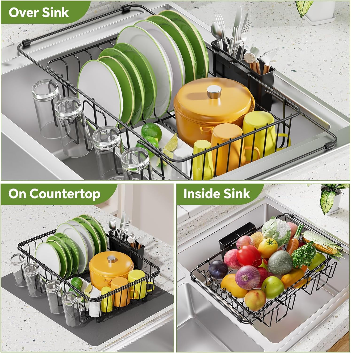 General Expandable Dish Drying Rack in Sink, Adjustable Dish Drainers for Kitchen Counter, Inside Sink, Over The Sink with Utensil Holder, Black