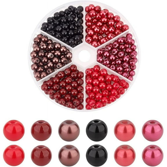 300pcs 6 Colors Black Red Series Glass Pearls 6mm Tiny Satin Luster Pearls Beads Round Painted Bracelet Making Beads Kit