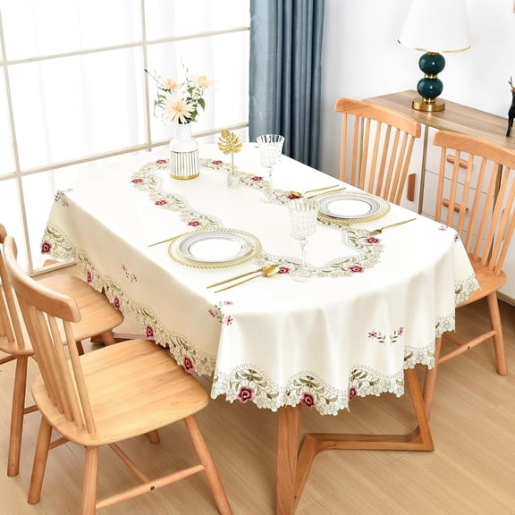 Jacquard Floral Oval Tablecloth Little Rose Embroidered Lace Beige Table Cover for Home Dining Kitchen Dr 60 x 84 inch