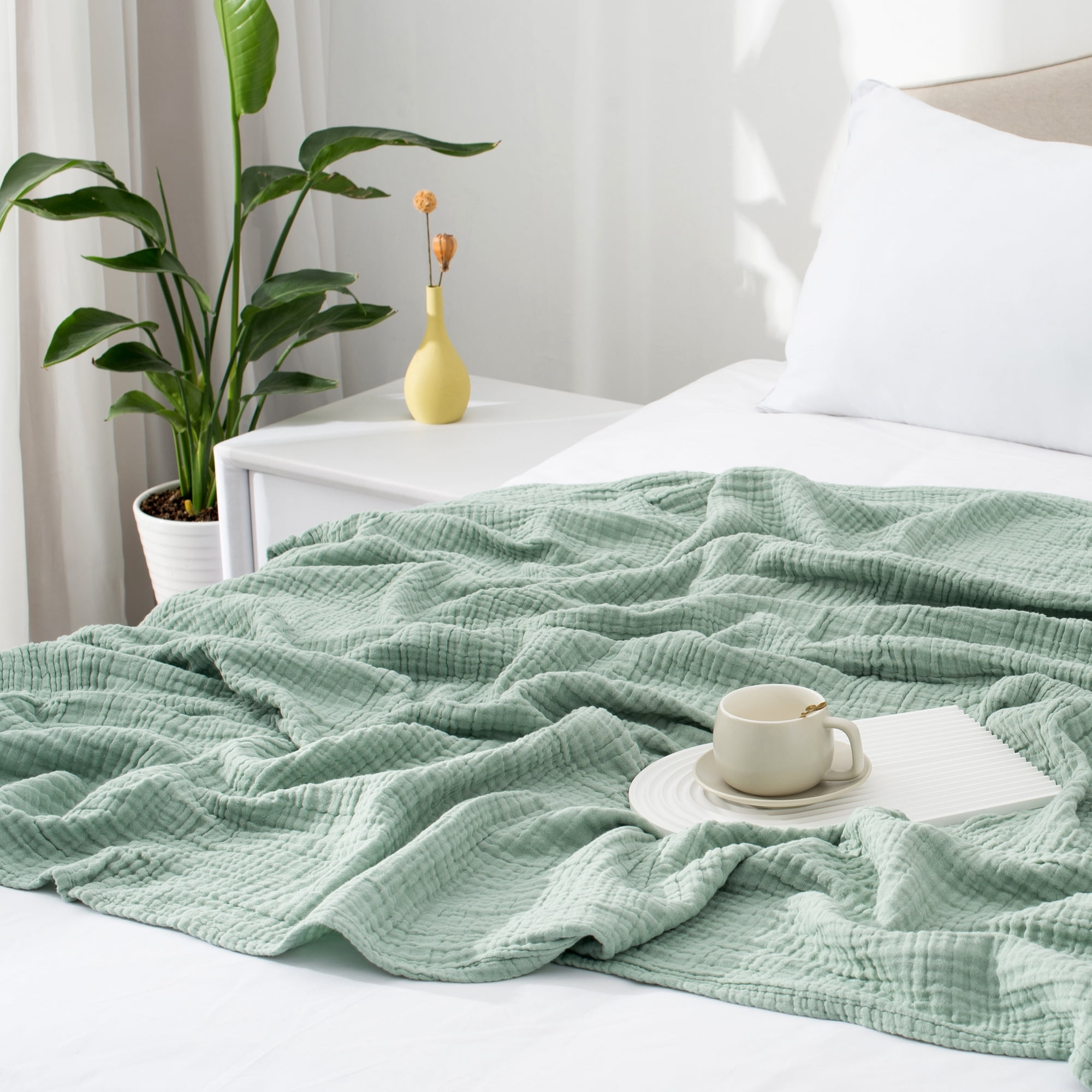 Carriediosa 100% Cotton Muslin Throw Blanket Gauze Blankets for Adults Soft Throws for Bed and Couch, 50" x 70" Sage Green