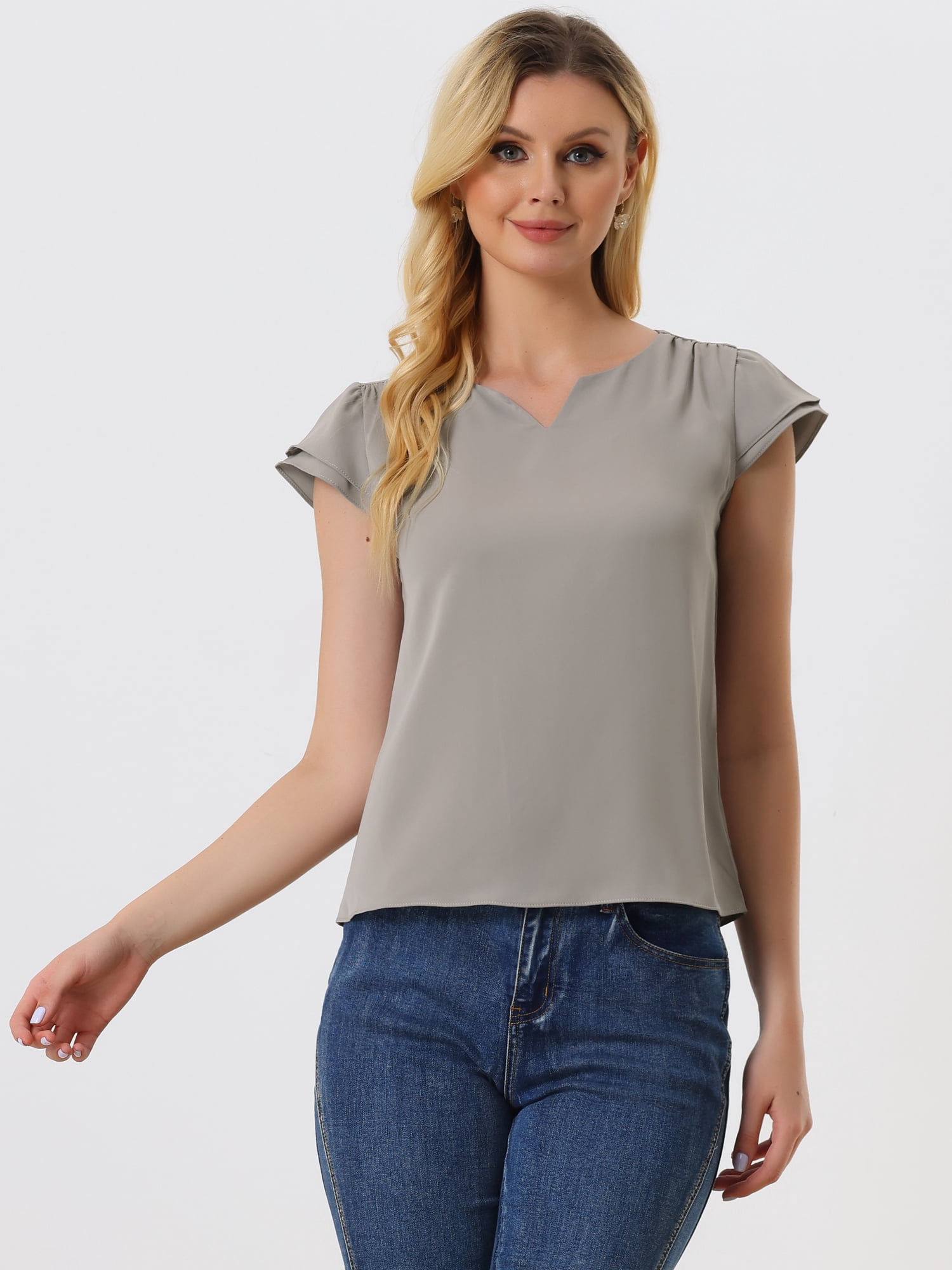 DARING DIVA Women's V Neck Casual Solid Cap Blouse Top M Dark Grey