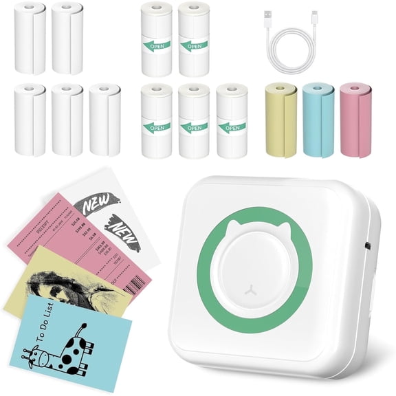 Sticker Printer,Portable Printer Mini Thermal Printer, Inkless Bluetooth Pocket Label Maker with 13 Rolls Print Paper,6 Colored pens,Multiple Templates for Notes Journal Memo Photo Study