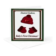 3drose, Red Cap and Mittens Babys First Christmas Godson Train, 1 Greeting Card with Envelope