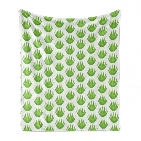 Agave Soft Flannel Fleece Blanket, Digital Illustration of Cactus Exotic Plant Motifs Print on Plain Backdrop, Cozy Plush for Indoor and Outdoor Use, 60" x 80", White and Lime Green, by Ambesonne