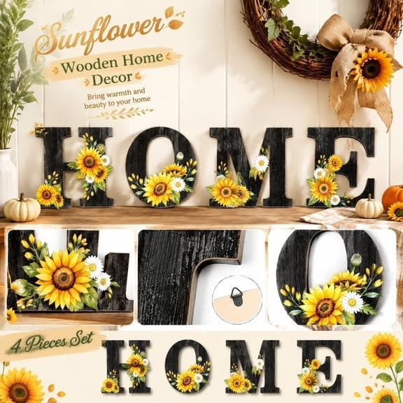 Wall Decor, Rustic Farmhouse Decor, Home Decor for Living Room, Sunflower Decorations, 4-Piece Black Wood Home Letter Wall Hanging Set 10X4X10 Inch for Entryway Kitchen Harvest