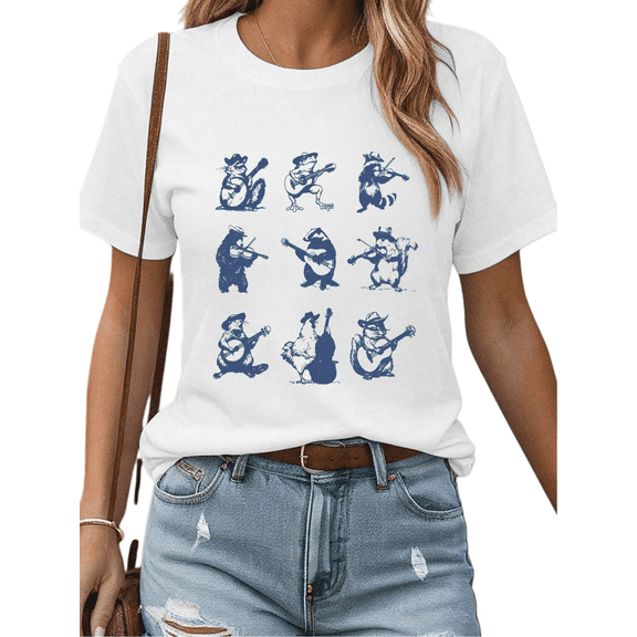 White Vacation Music Animal Print Hand Drawn Graphic Tees Cute Illustration Short Sleeve Casual Womens S-5XL Loose Tops