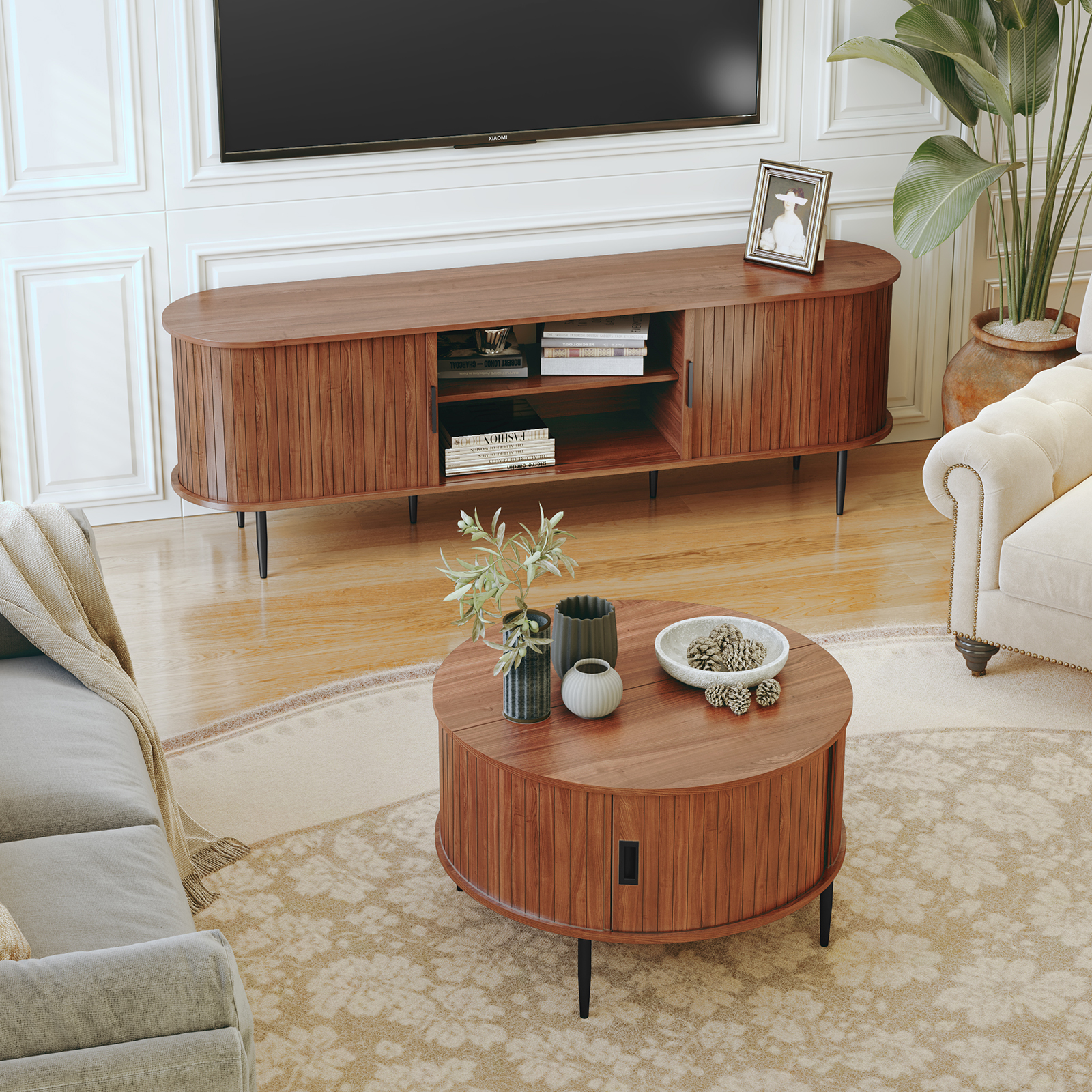 HLR Mid Century 31.5" Round Coffee Table with Sliding Tambour Door, Drum Center Table with Storage for Living Room, Brown
