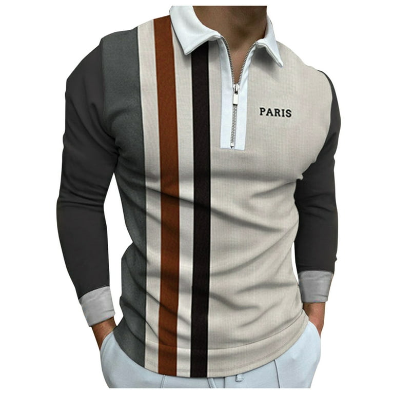 Outfmvch Polo Shirts for Men Casual Zipper Turn-Down Collar Solid Long Sleeve Polos Shirt Womens Tops Brown, Men's, Size: Large