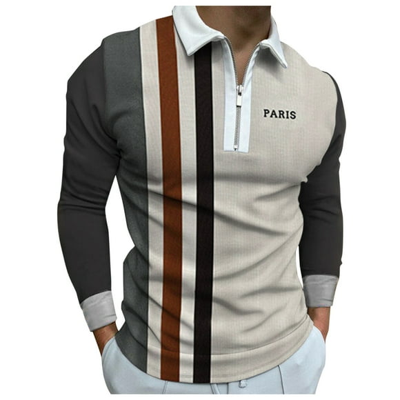 Outfmvch polo shirts for men Casual Zipper Turn-Down Collar Solid Long Sleeve Polos Shirt womens tops Brown
