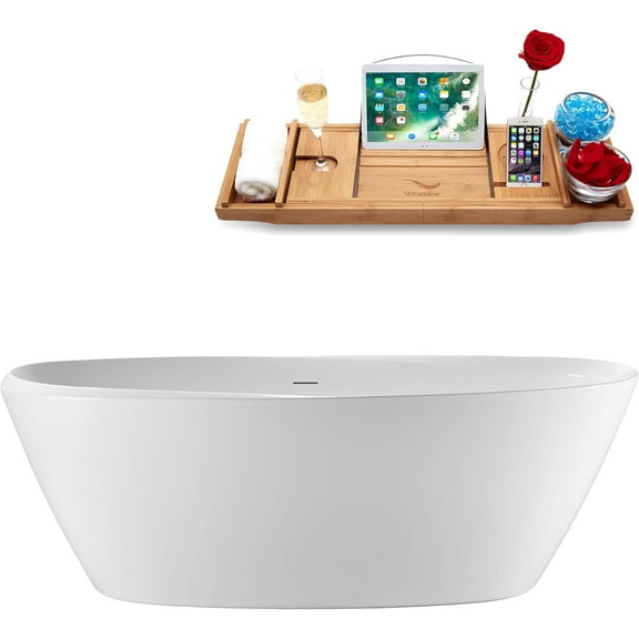 67" Streamline G-31-166-BBR Soaking Glossy White Freestanding Tub and Tray With Internal Drain in Brushed Brass