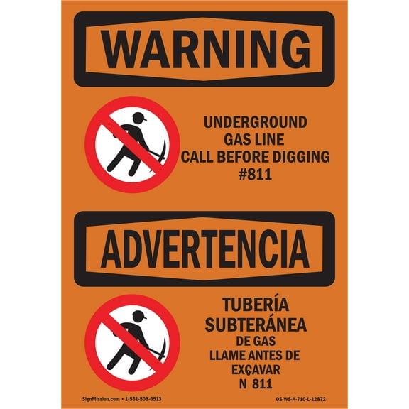 OSHA WARNING Sign - Underground Gas Line Call #811 Bilingual | Plastic Sign | Protect Your Business, Work Site, Warehouse & Shop Area | Made in the USA
