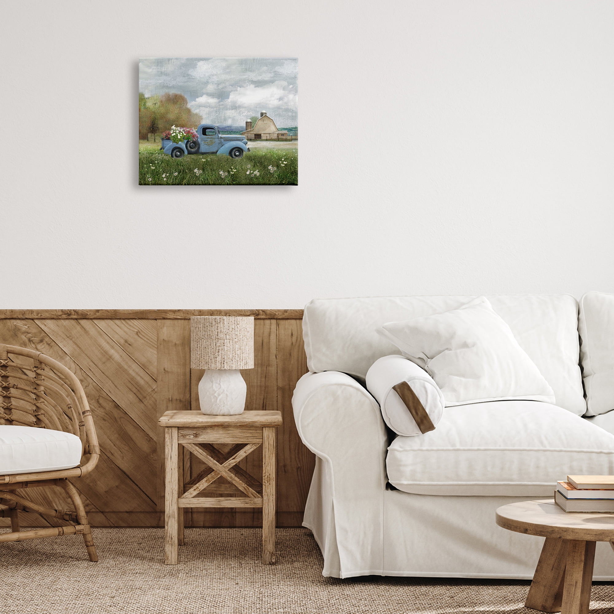 Stupell Industries Vintage Blue Truck Flower Bouquet Cloudy Sky Farmhouse , 20 x 16, Design by Nan