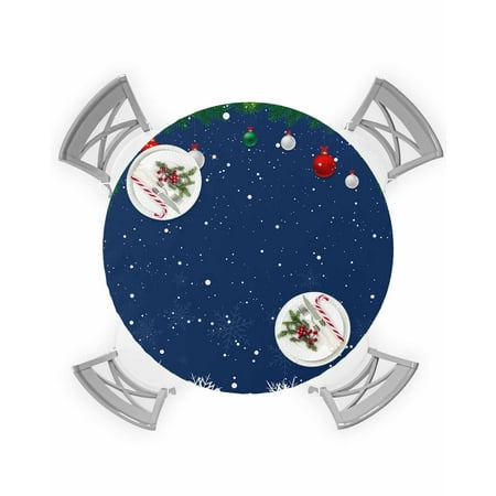 

Round Tablecloth with Elastic Christmas Snowflake Balls Pine Needle Navy Blue Waterproof Table Cover Wipeable Fitted Table Cloths for 55 -60 Round Tables Dining Kitchen Indoor Outdoor Use