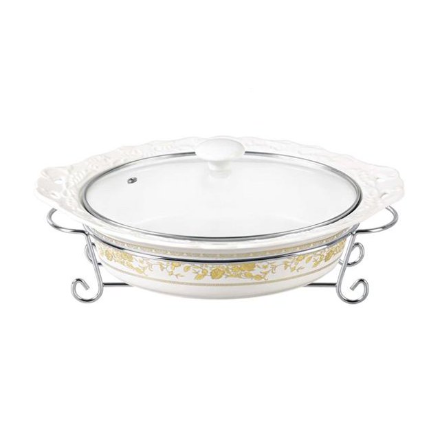 DLusso Designs CX8311-P1 14 in.Gold Rose Design Ovale&44; Casserole avec Support en Métal