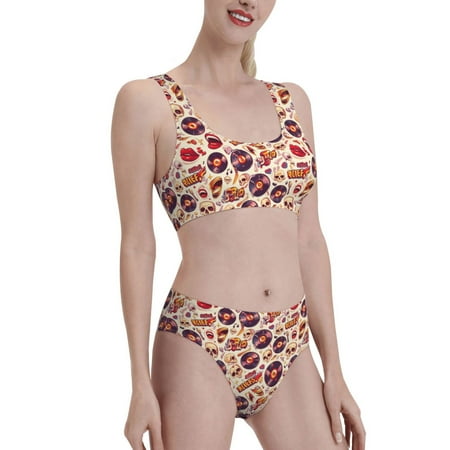 Uemuo rock music Skull record Printed Women s High Waisted Bikini Sets Sporty Two Piece Swimsuits Color Block Cheeky High Cut Bathing Suits-XX-Large