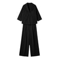 thumbnail image 7 of Costeam Womens Textured Woven Two Piece Outfit Lapel Collar 3 Quarter Sleeve Pocket Top And Elastic Waist Wide Leg Pants Loose Fit Solid Color Casual Co Ord Set, 7 of 7