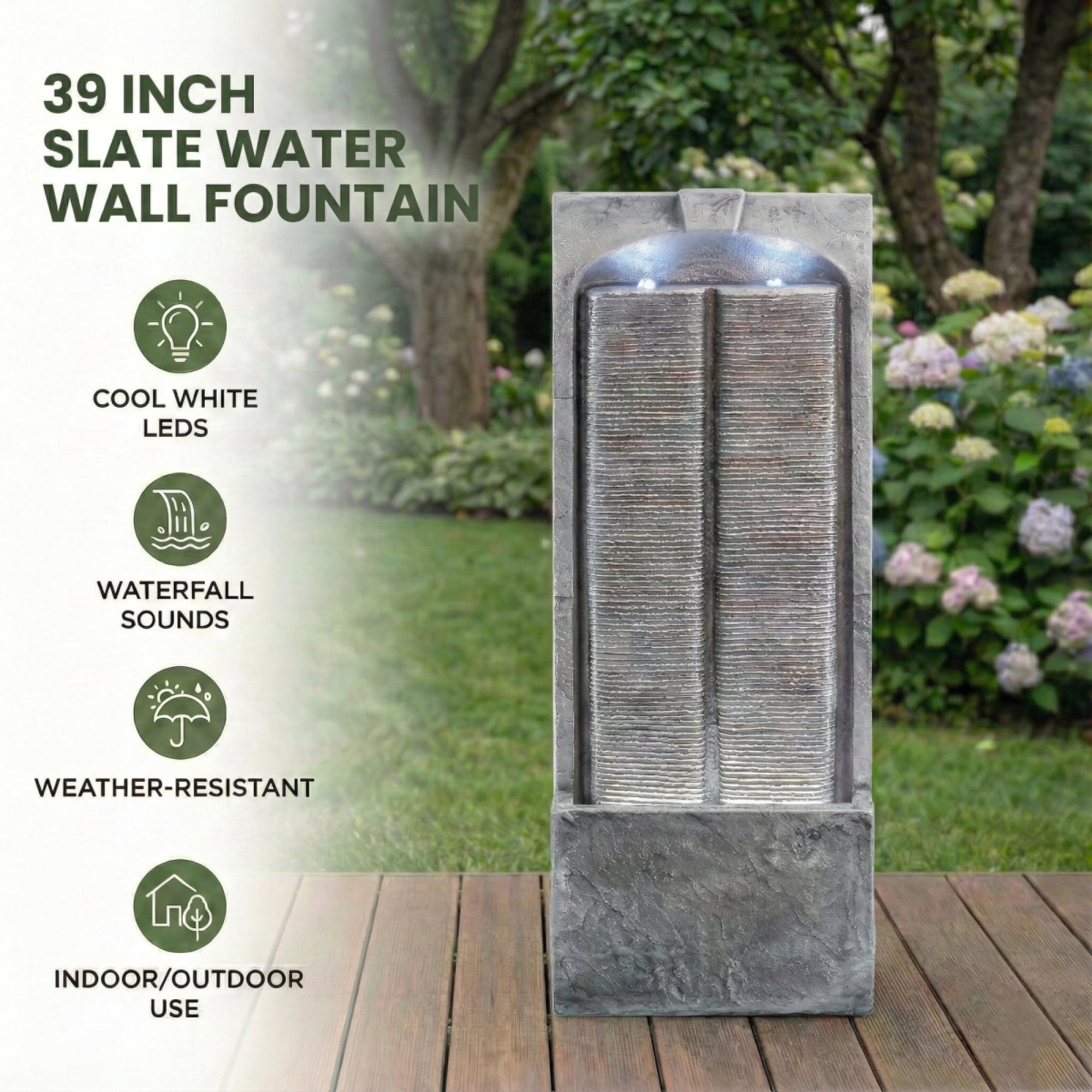 Outdoor Water Fountain Cascading LED Lights 39" H, Resin Fiberglass with Quiet Pump, Freestanding Water Feature for Garden Patio Porch Lawn Backyard Indoor Outdoor Decor
