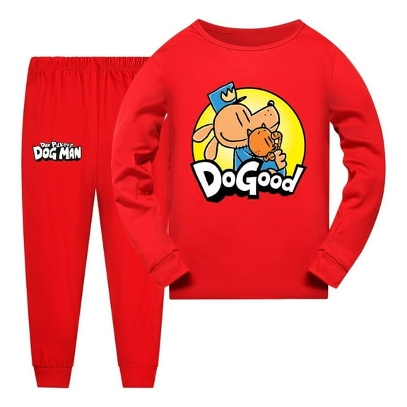 Dog Man Do Good Eating Pose Pajamas Set – Funny Comic Sleepwear for Kids Boys and Girls – Long Sleeve Loungewear