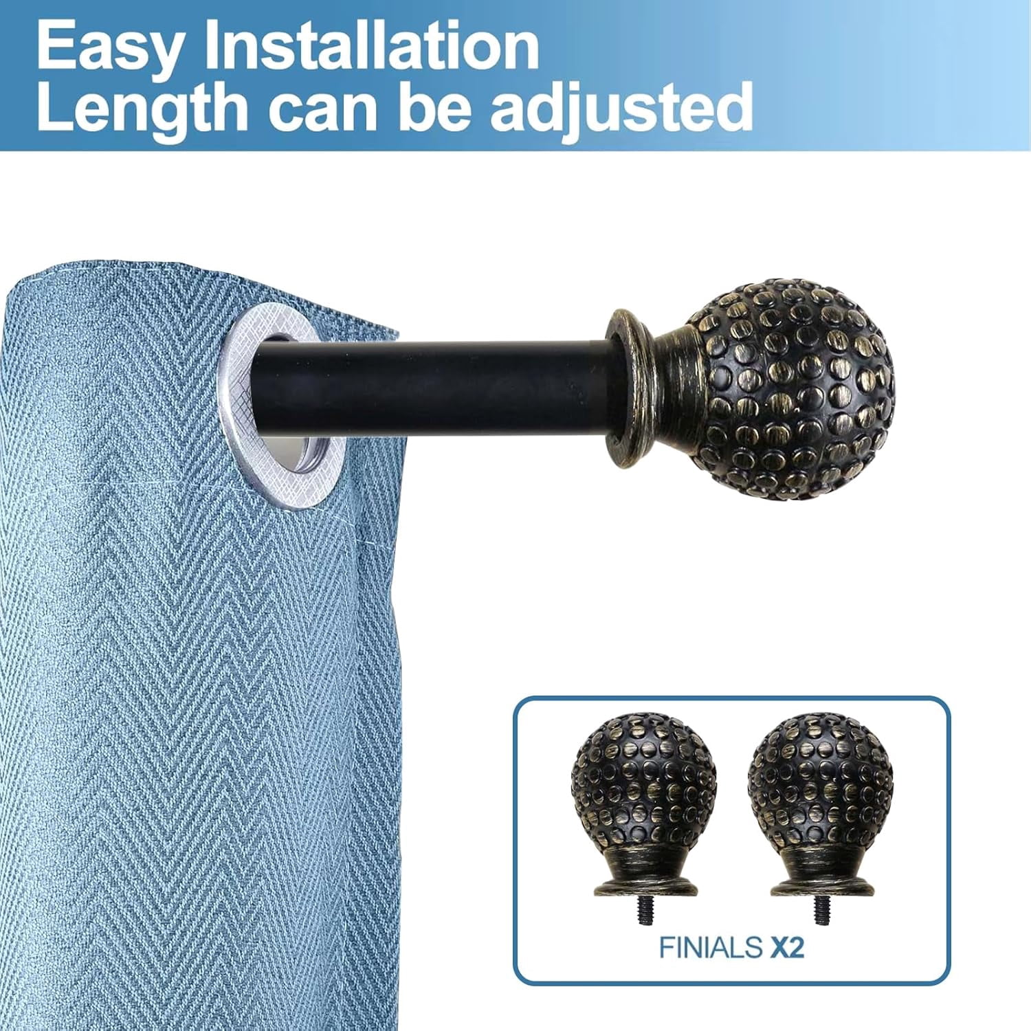 Urbanest Adjustable Single Curtain Rod Set Copper Tola Finials – 1 - Inch Diameter, With Black Rod, 84–120 Inches