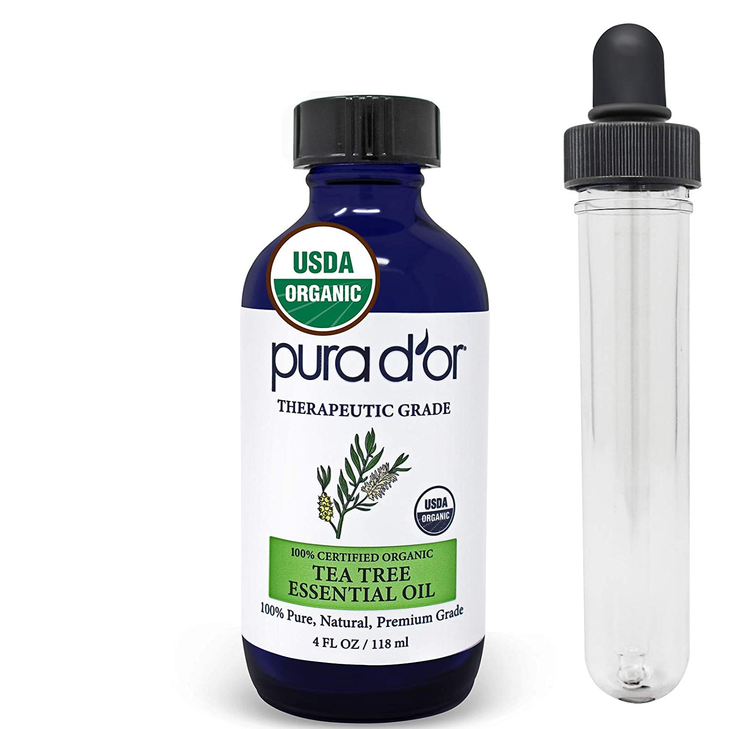 PURA D'OR Organic Tea Tree Melaleuca Essential Oil (4oz with Glass Dropper) 100% Pure & Natural Therapeutic Grade for Hair, Body, Skin, Scalp, Aromatherapy Diffuser, Cleansing, Purify, Home, DIY Soap