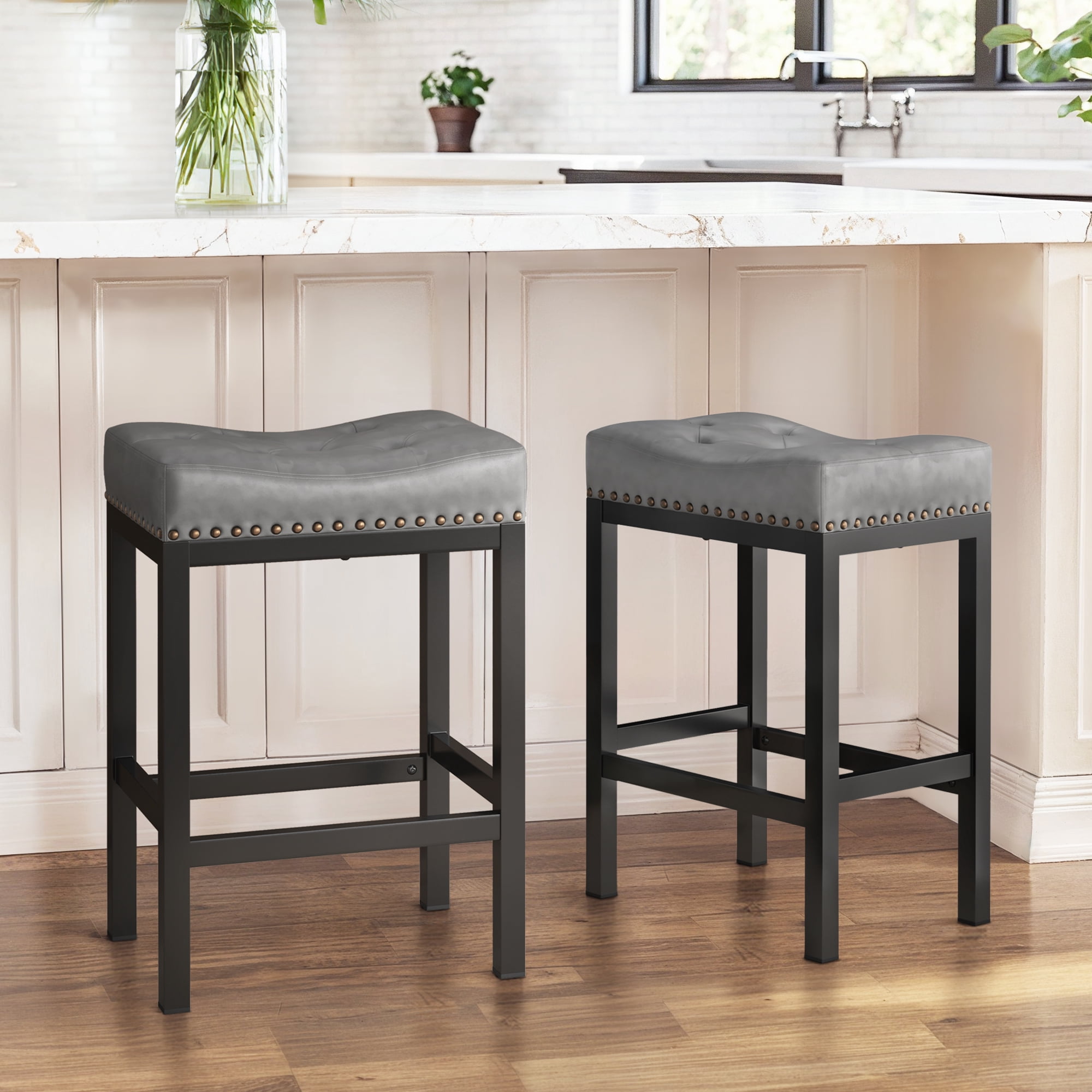 Dycanpo 24” Saddle Bar Stools Set of 4 with Modern Metal Legs, for Home Kitchen, Dark Gray