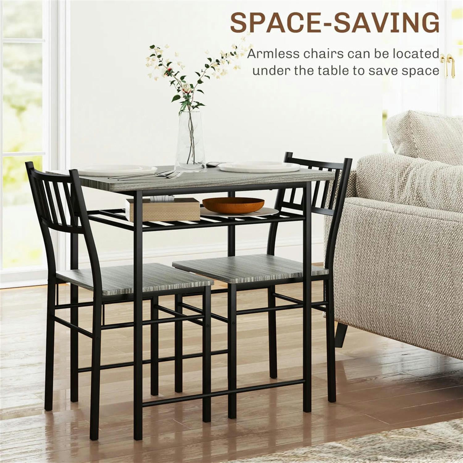Demi Bonn 3 Piece Dining Table Set for Small Spaces with Storage Rack and Steel Frame, Kitchen Table and Chairs for 2 Dining Room Set with 2 Chairs, Gray
