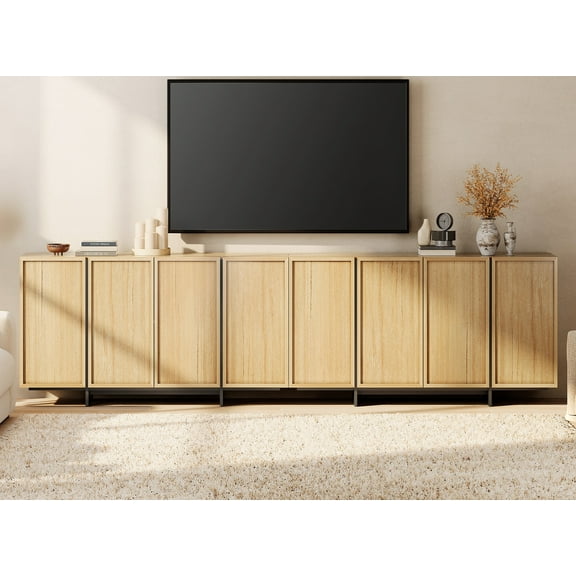 WAMPAT Modern TV Stand for TVs Up to 110", Wooden Entertainment Center TV Console with 8 Door Closed Storage and T-Shaped Wood Legs, Media Console Cabinet for Living Room, Bedroom, Oak