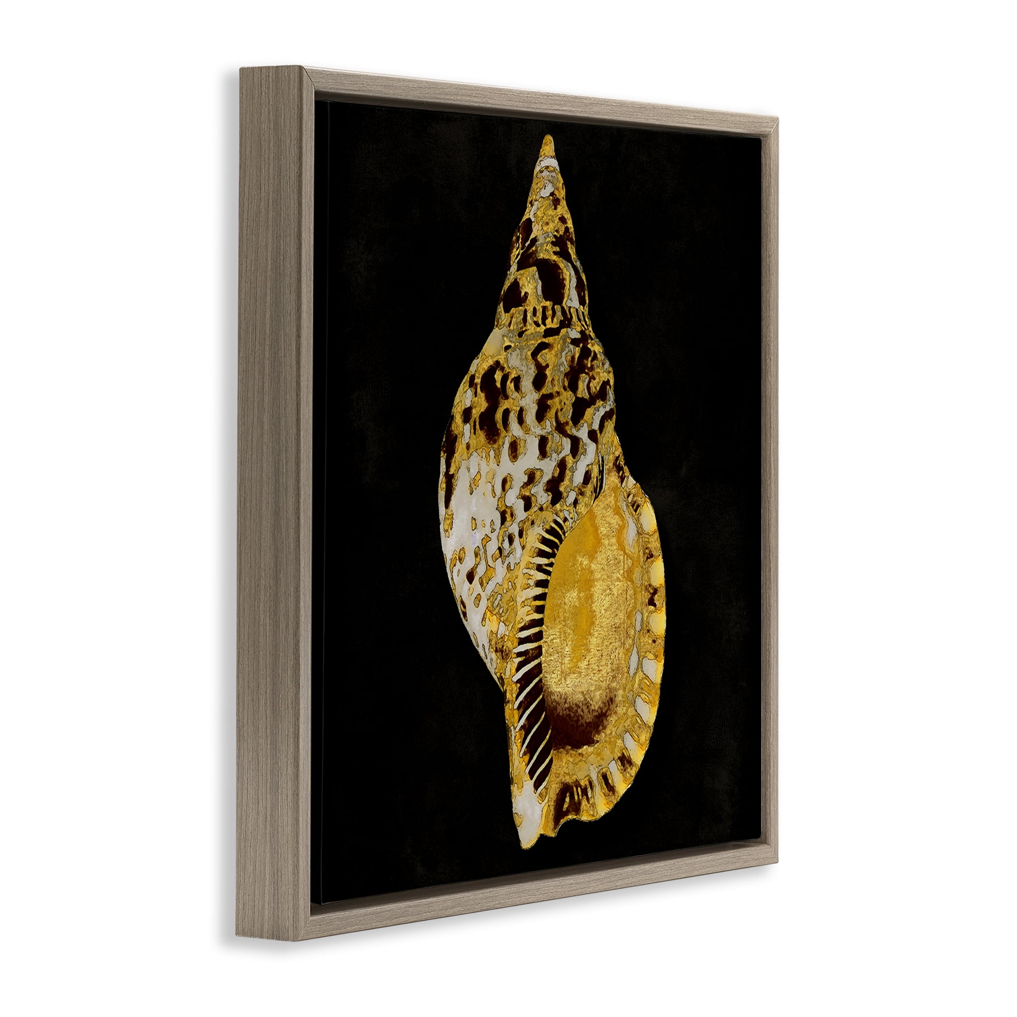 Stupell Industries Gold Conch on Black Nautical & Beach Painting Brown Floater Framed Canvas Art Print Wall Art, 25 x 25
