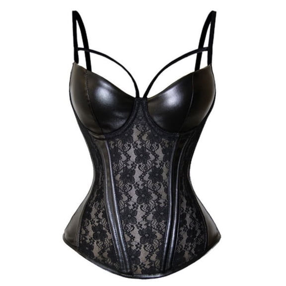 Women Gothic Faux Leather Lace Corset Bustier, Adjustable Spaghetti Straps Lightly Padded Underwire Push Up Corset Top, For Party Halloween