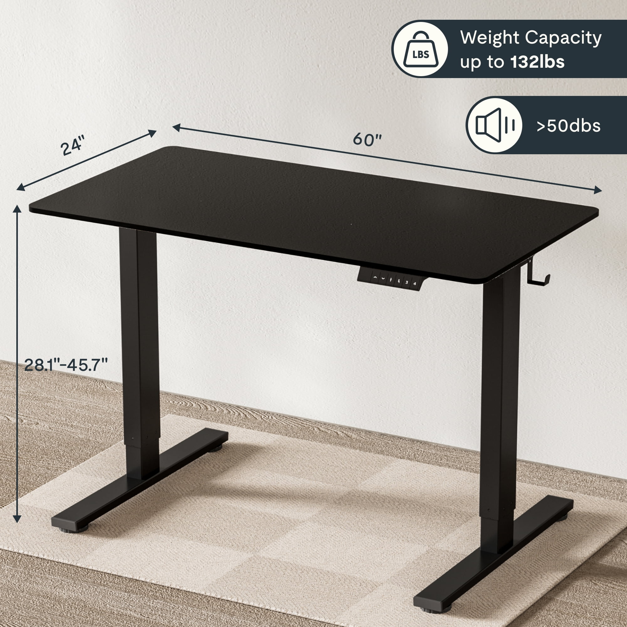 FitStand 60"x24" Home Office Height Adjustable Standing Desk with Hooks, Ergonomic Electric 2-Stage Stand Up Computer Desk, Black