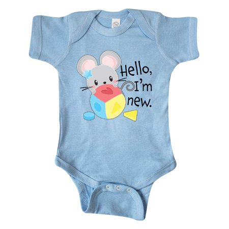 

Inktastic Hello I m New Cute Shy Mouse with Toy Gift Baby Boy or Baby Girl Bodysuit