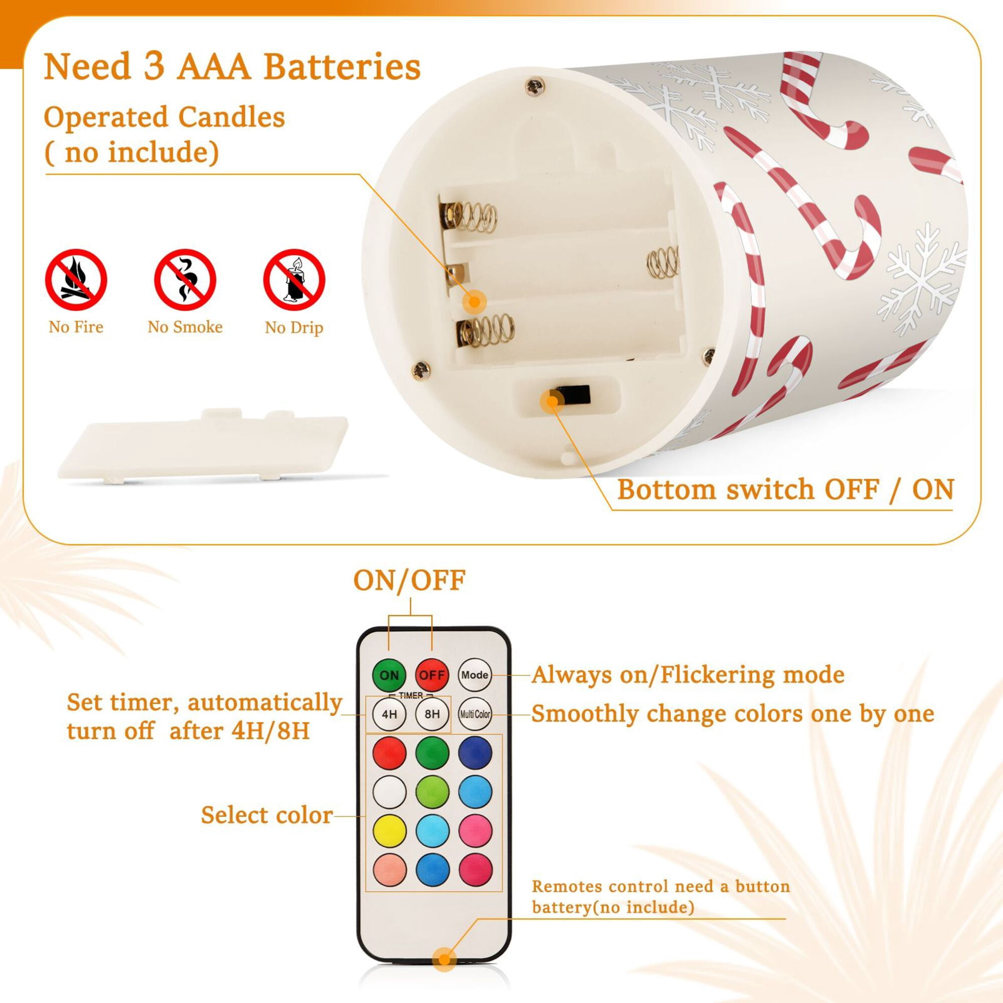 Yayeee Flameless Candles with Remote Flickering Battery Operated Multi Color Changing, Beige Candy Cane