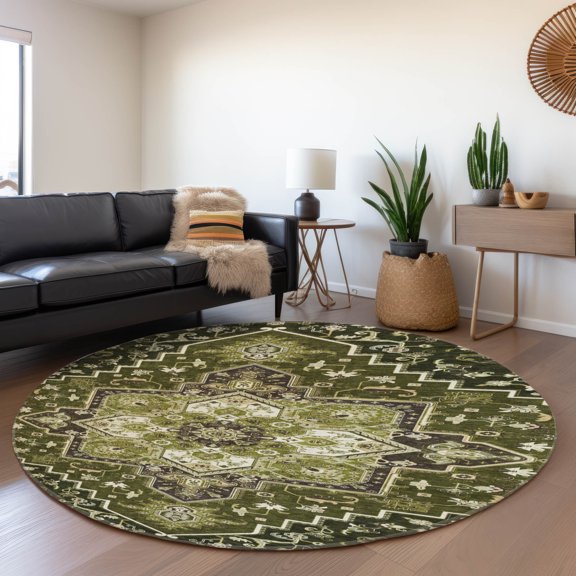 Addison Rugs Mayfield Premium Machine Washable Traditional Oriental Olive Round Rug, 8' x 8'