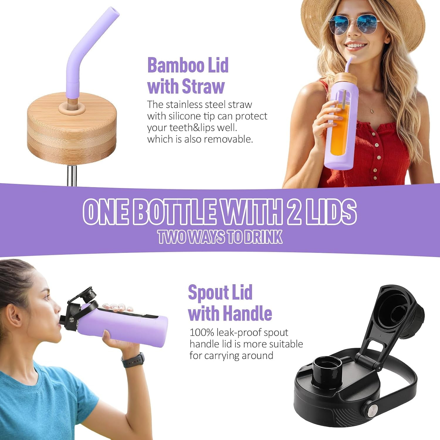 MUKOKO Glass Water Bottle, 24oz Sports Drinking Tumbler with Silicone Sleeve and Straw, 1 Cup 2 Lids, Purple