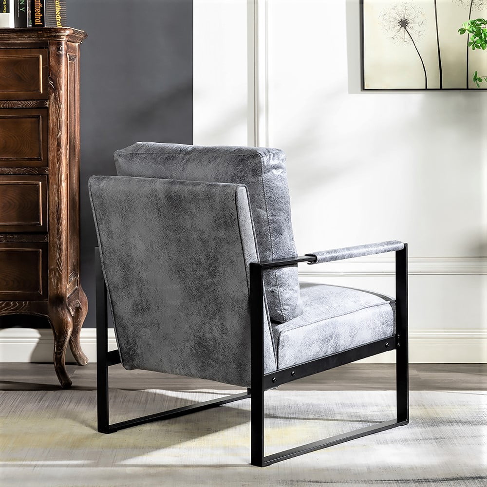 Mintazer Modern Microfiber Accent Chair, Square Metal Frame Lounge Armchair for Living Room Bedroom Office, Grey