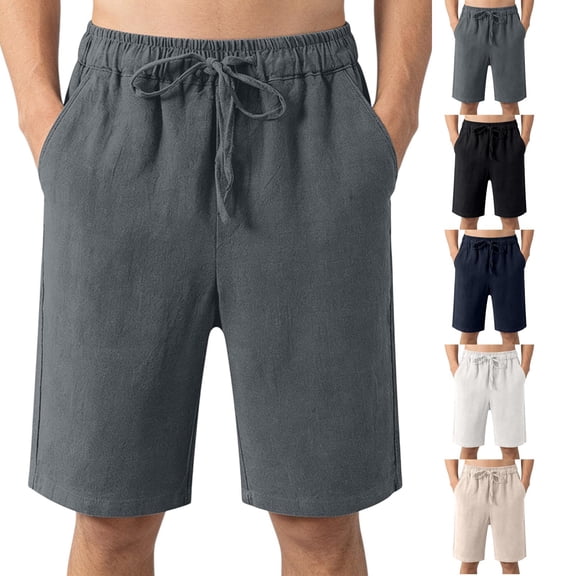 Fabrcox M-5XL Linen Men Shorts Summer Mens Beach Shorts Drawstring Big and Tall Sports Hiking Mens Gym Shorts with Pockets