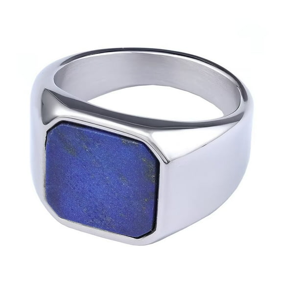 PAMTIER Men's Stainless Steel Personality Simple Vintage Square Large Blue Gemstone Biker Ring Statement Band Silver Size 13