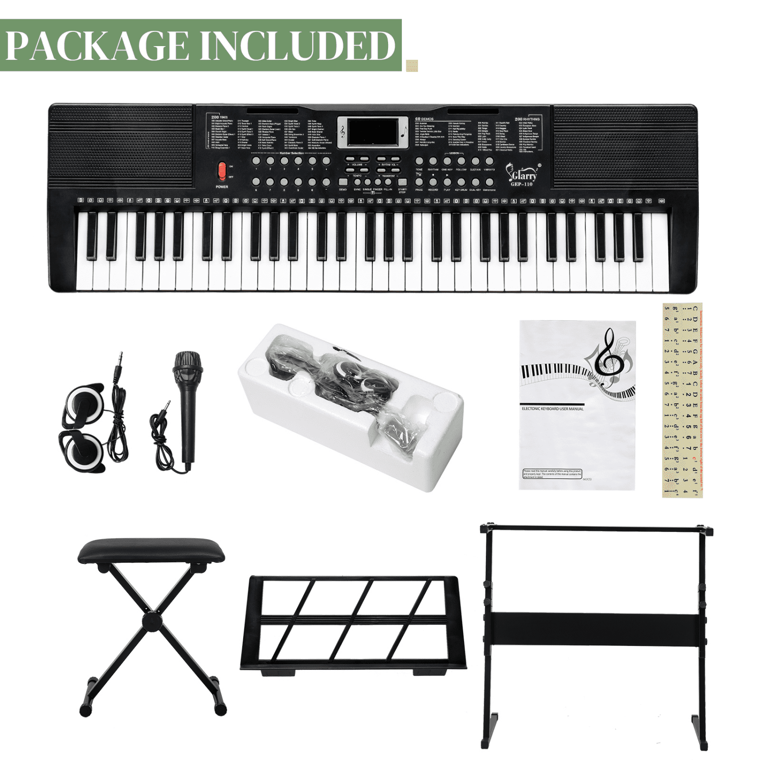 Hassch 61 Key Keyboard Piano for Beginners w/Stand Bench, Built-In Speakers, Headphone, Microphone, Music Rest, LED Screen, 3 Teaching Modes, Black