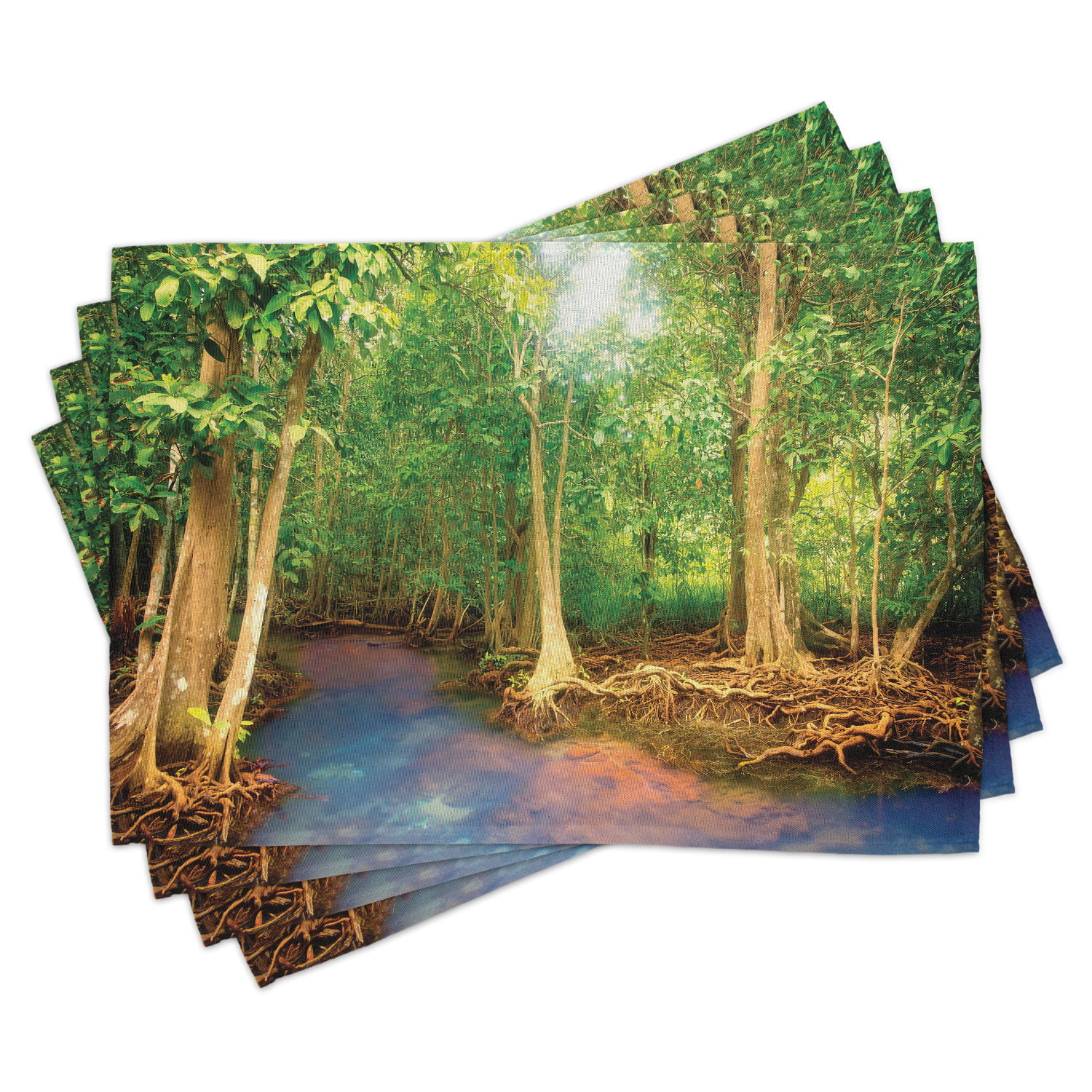 Ambesonne Woodland Place Mats Set of 4 Washable Fabric Placemats for Dining Room Kitchen Table Decor Turquoise Green Brown Waterfall Asia Thailand Jungle Tropic Plants Trees Tourist Attraction
