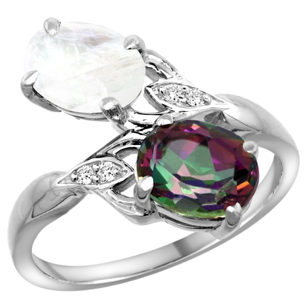 10K White Gold Diamond Natural Mystic Topaz & Rainbow Moonstone 2-stone Ring Oval 8x6mm, sizes 5 10 by WorldJewels