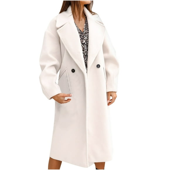 jovati Long Trench Coat Women Solid Lapel Woolen Button Up Pocketed Long Sleeve Breasted Trench Coat Long Outwear