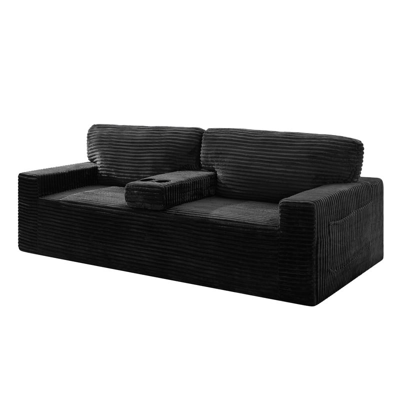 Compression Corduroy Floor Sofa No-Leg Couch, Loveseat with Built-in Cup Holders and Side Storage Pocket